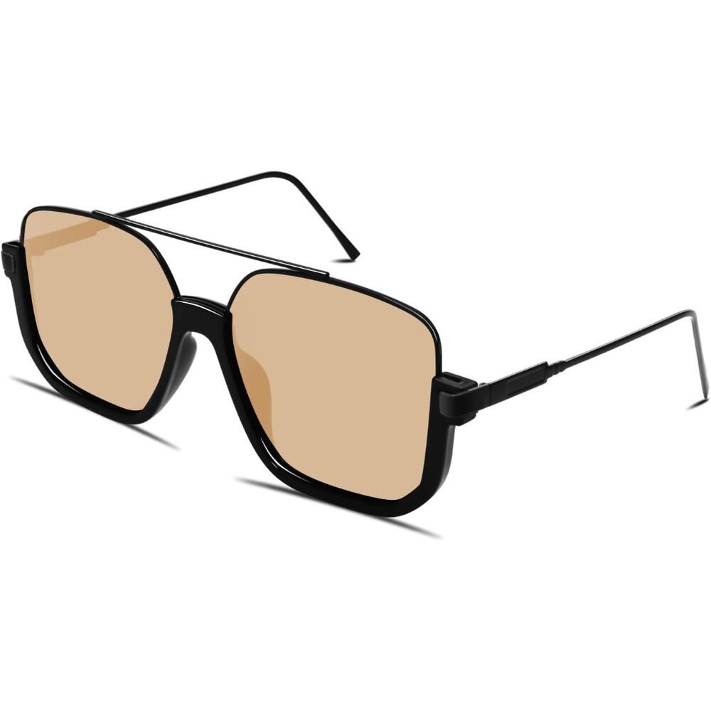 Unisex Black Frame - Light Brown Oversized Aviator Sunglasses for Square Double